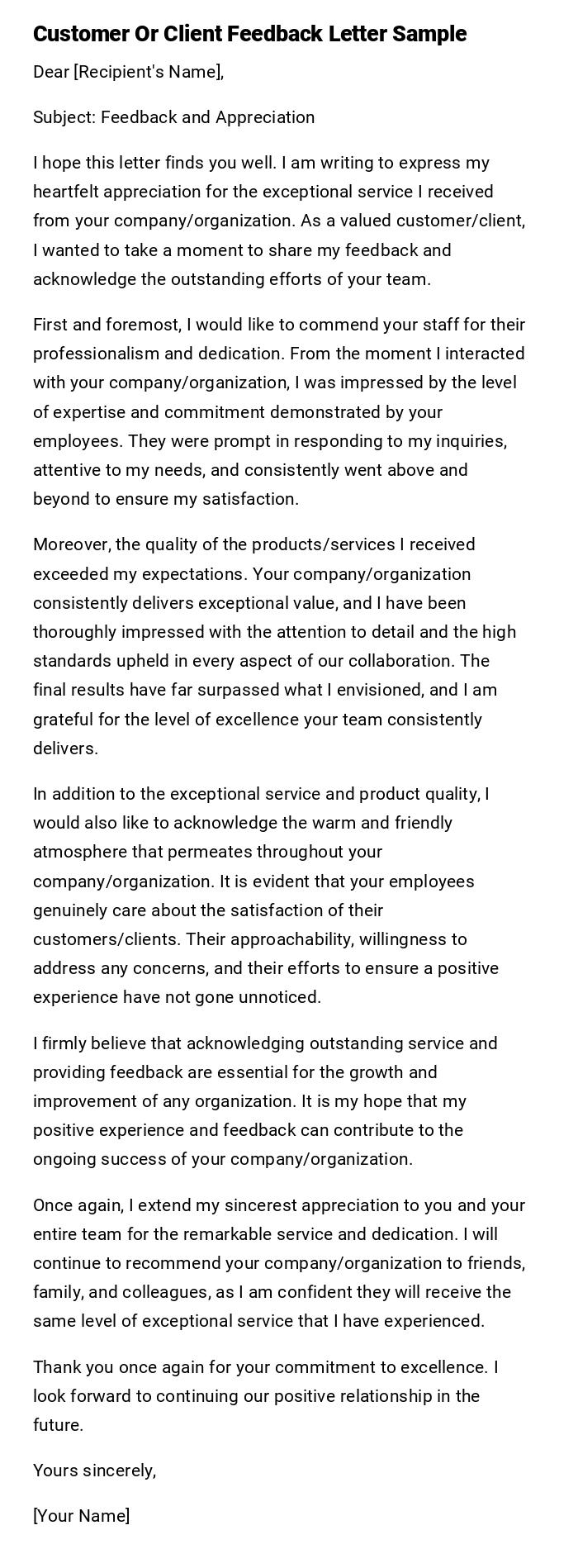 Customer Or Client Feedback Letter Sample