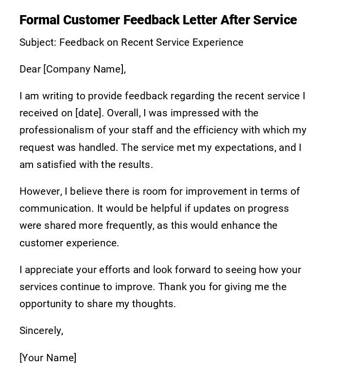 Formal Customer Feedback Letter After Service