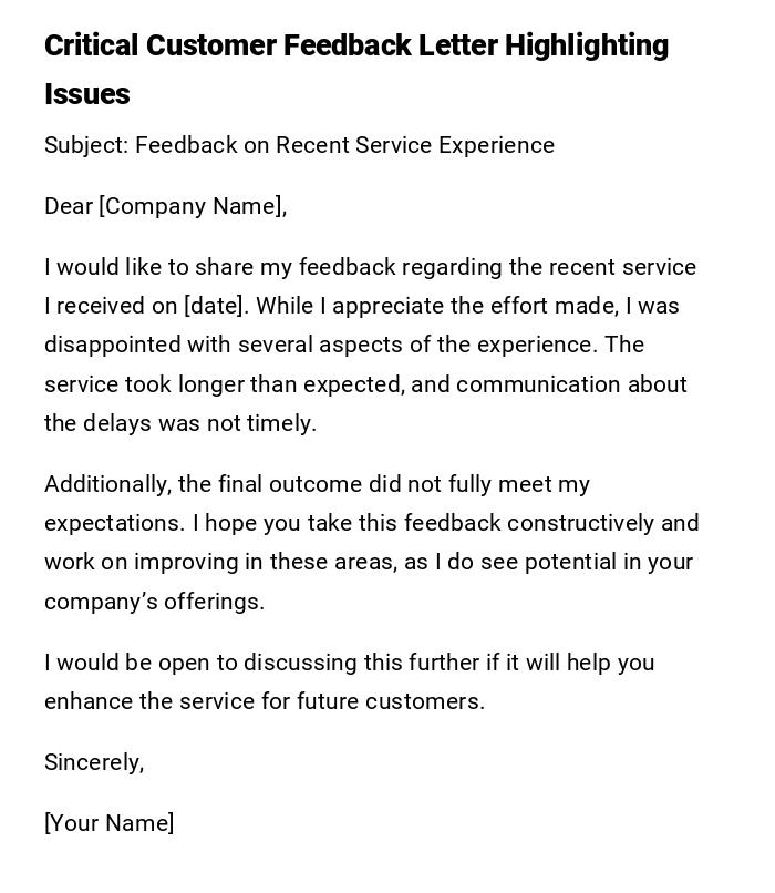 Critical Customer Feedback Letter Highlighting Issues