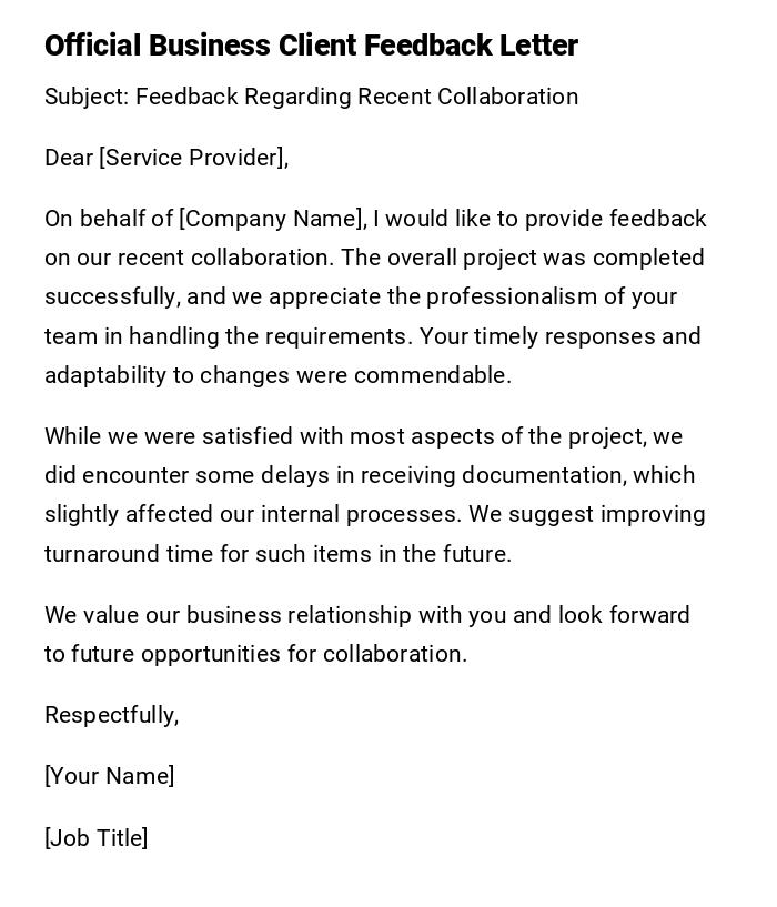 Official Business Client Feedback Letter
