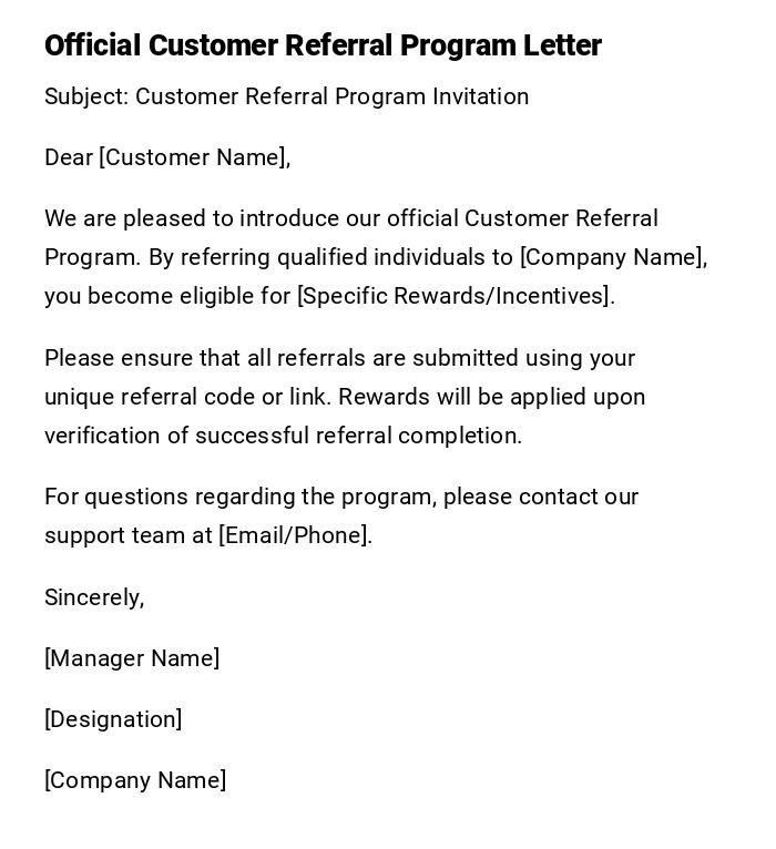 Official Customer Referral Program Letter