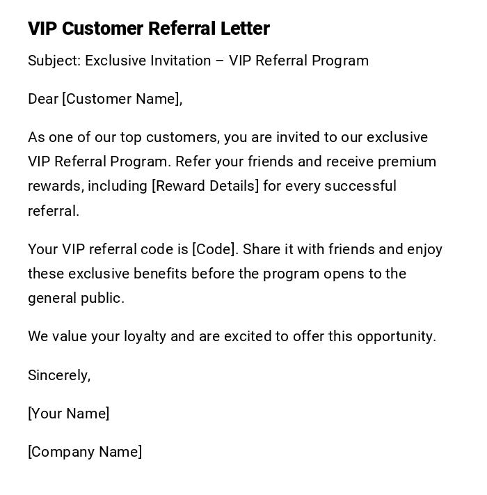VIP Customer Referral Letter