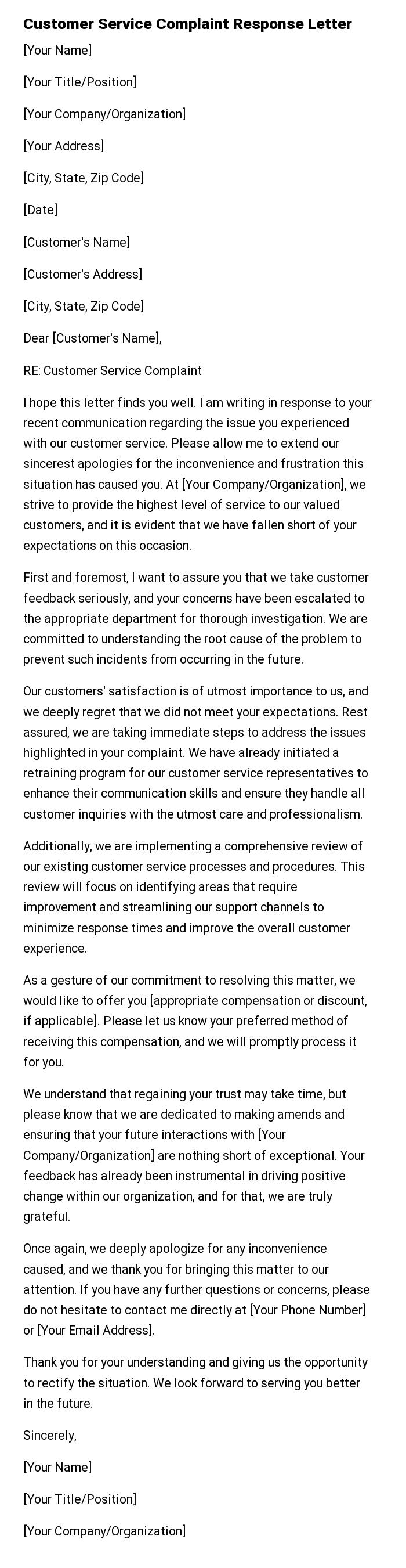 Customer Service Complaint Response Letter