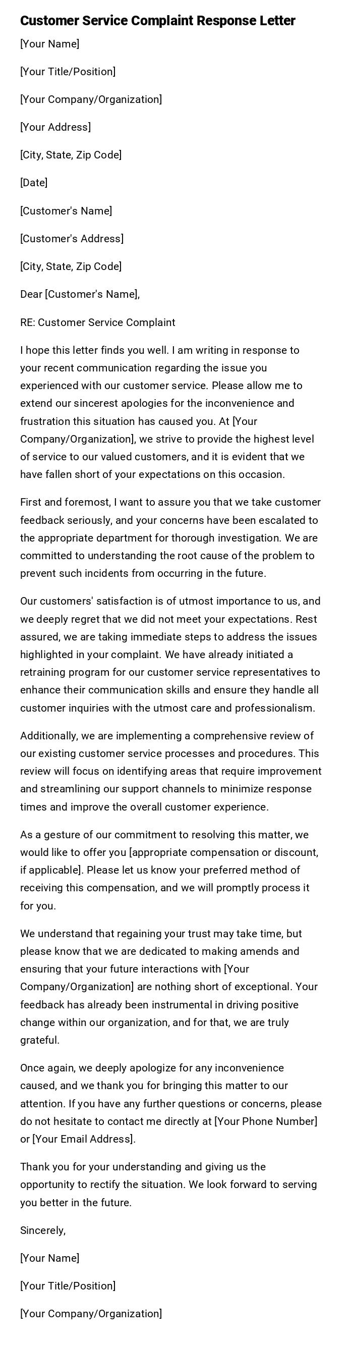 Customer Service Complaint Response Letter