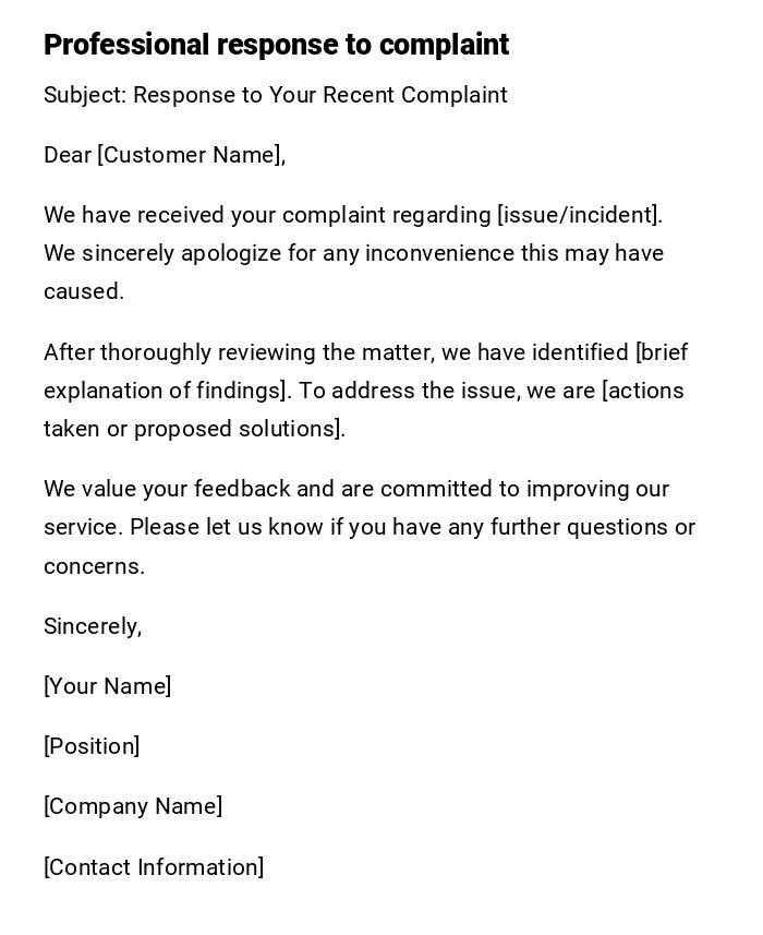 Professional response to complaint Professional response to complaint