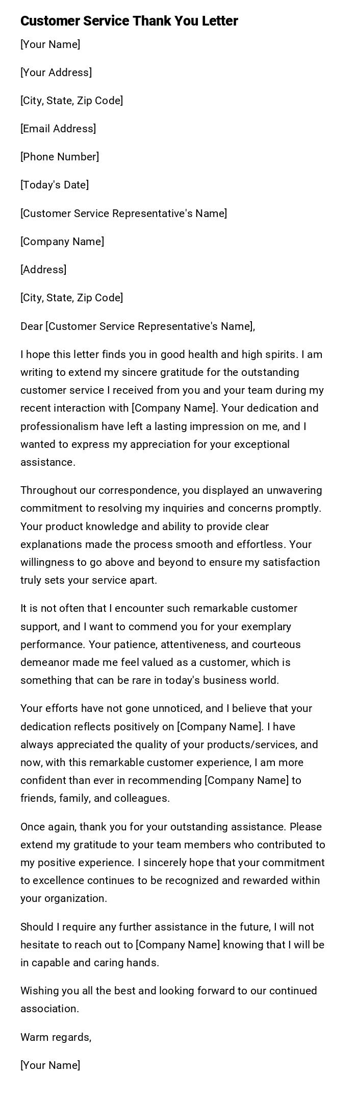 Customer Service Thank You Letter