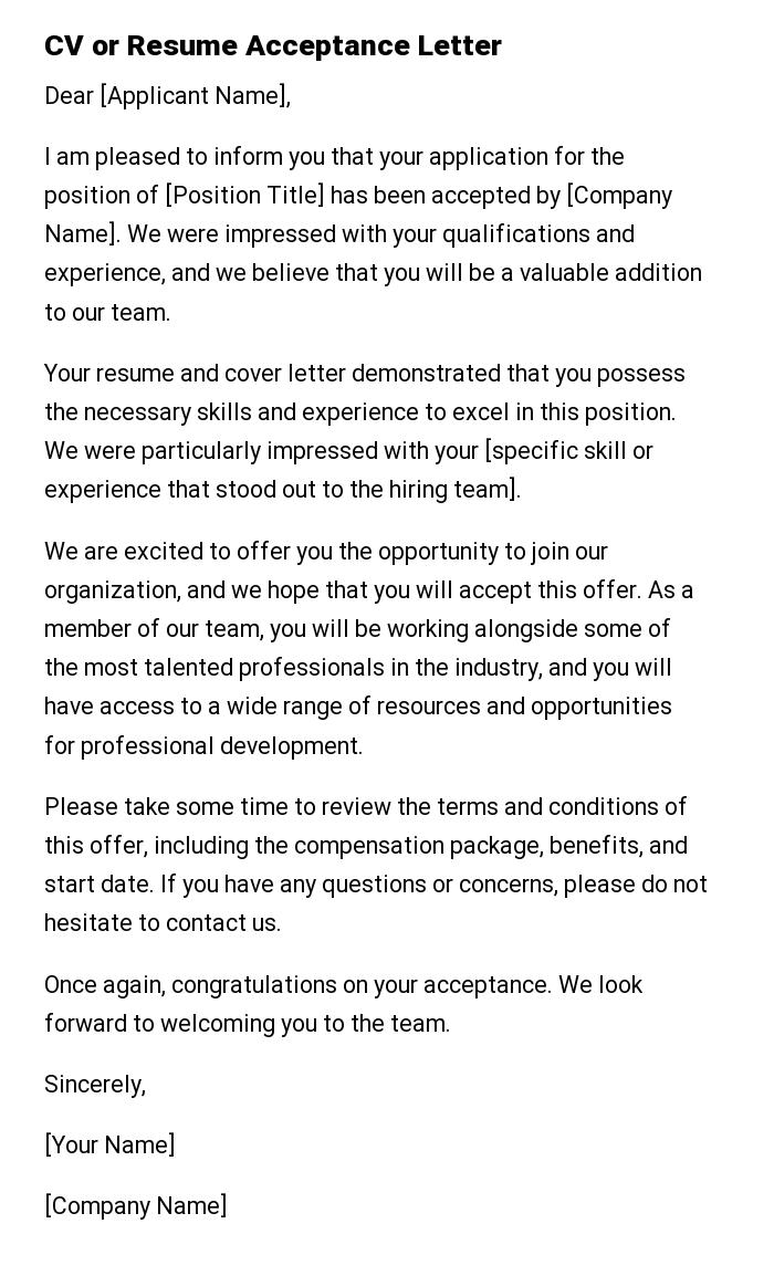 CV or Resume Acceptance Letter