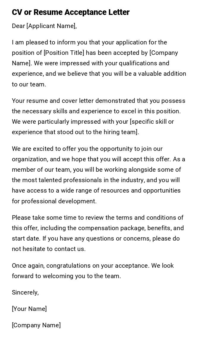 CV or Resume Acceptance Letter