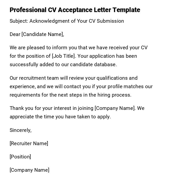 Professional CV Acceptance Letter Template Professional CV Acceptance Letter Template