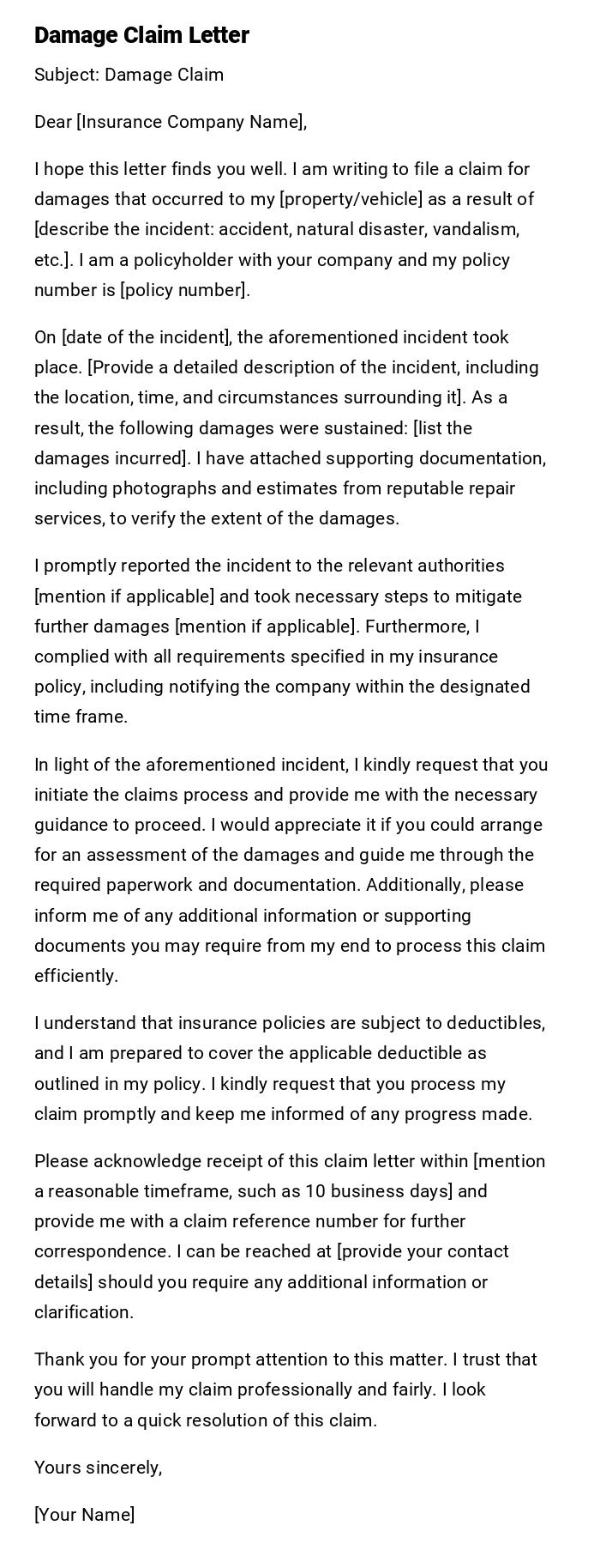 Damage Claim Letter