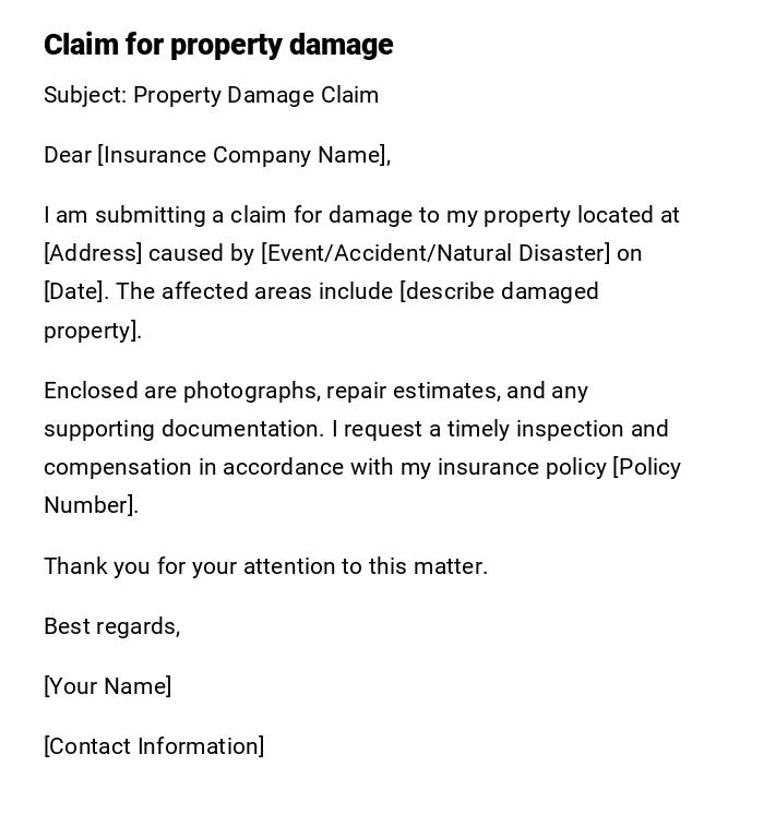 Claim for property damage Claim for property damage
