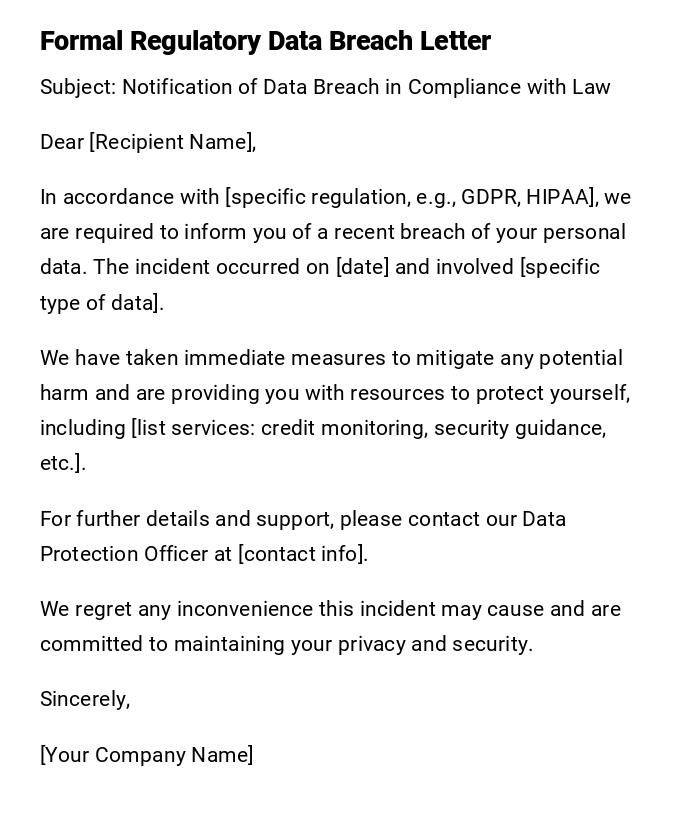 Formal Regulatory Data Breach Letter Formal Regulatory Data Breach Letter