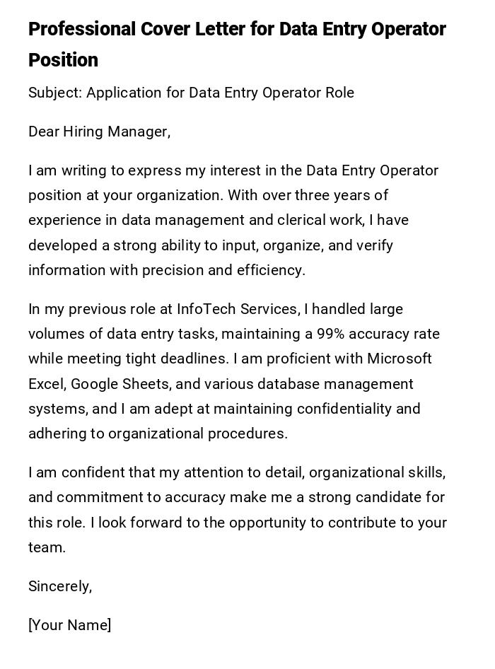 Professional Cover Letter for Data Entry Operator Position Professional Cover Letter for Data Entry Operator Position