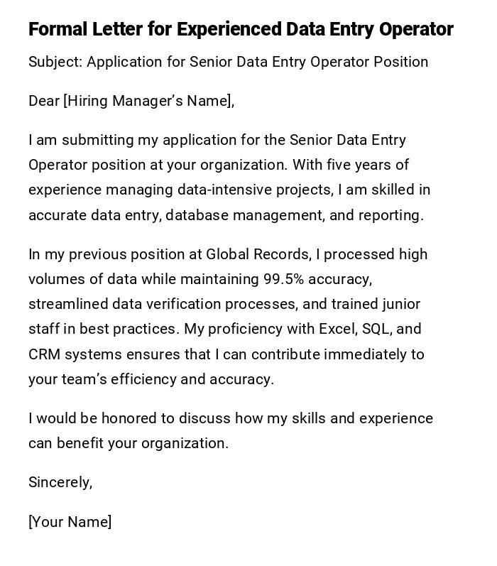 Formal Letter for Experienced Data Entry Operator Formal Letter for Experienced Data Entry Operator