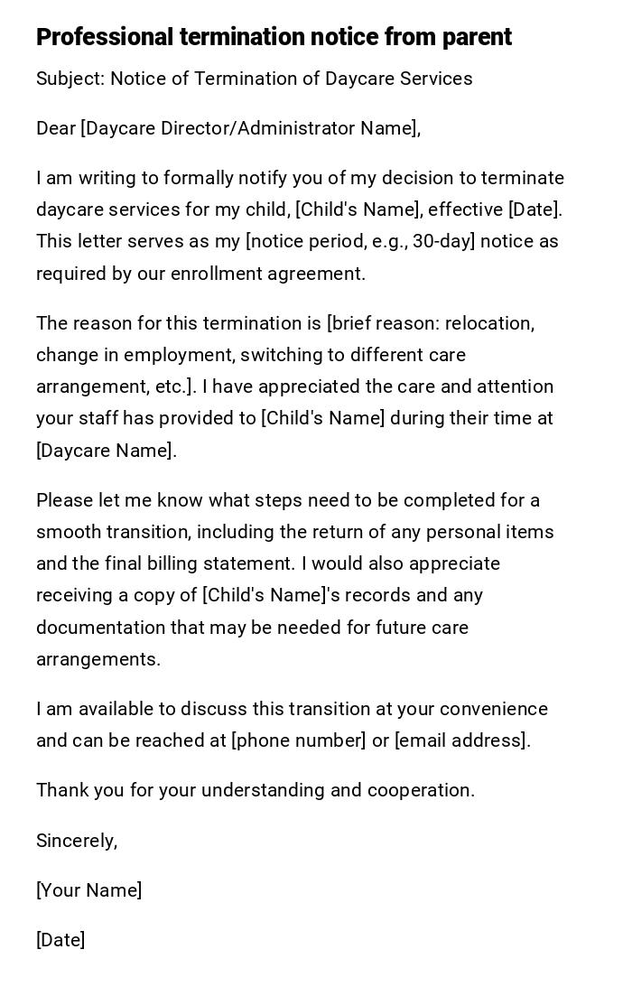 Professional termination notice from parent Professional termination notice from parent