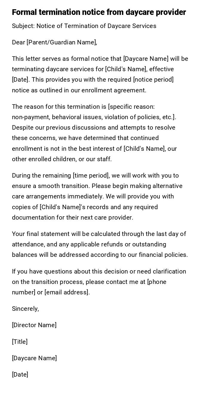 Formal termination notice from daycare provider Formal termination notice from daycare provider