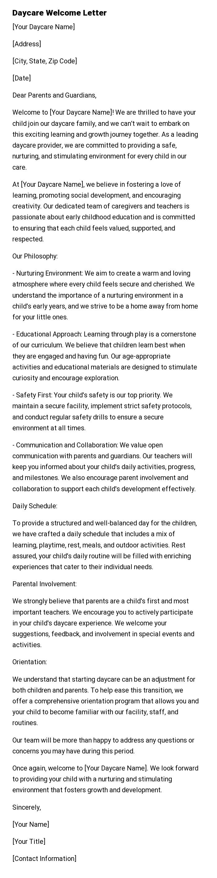 Daycare Welcome Letter