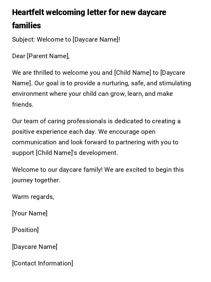 Heartfelt welcoming letter for new daycare families Heartfelt welcoming letter for new daycare families