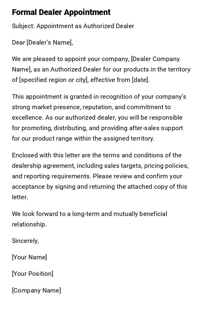 Formal Dealer Appointment Formal Dealer Appointment