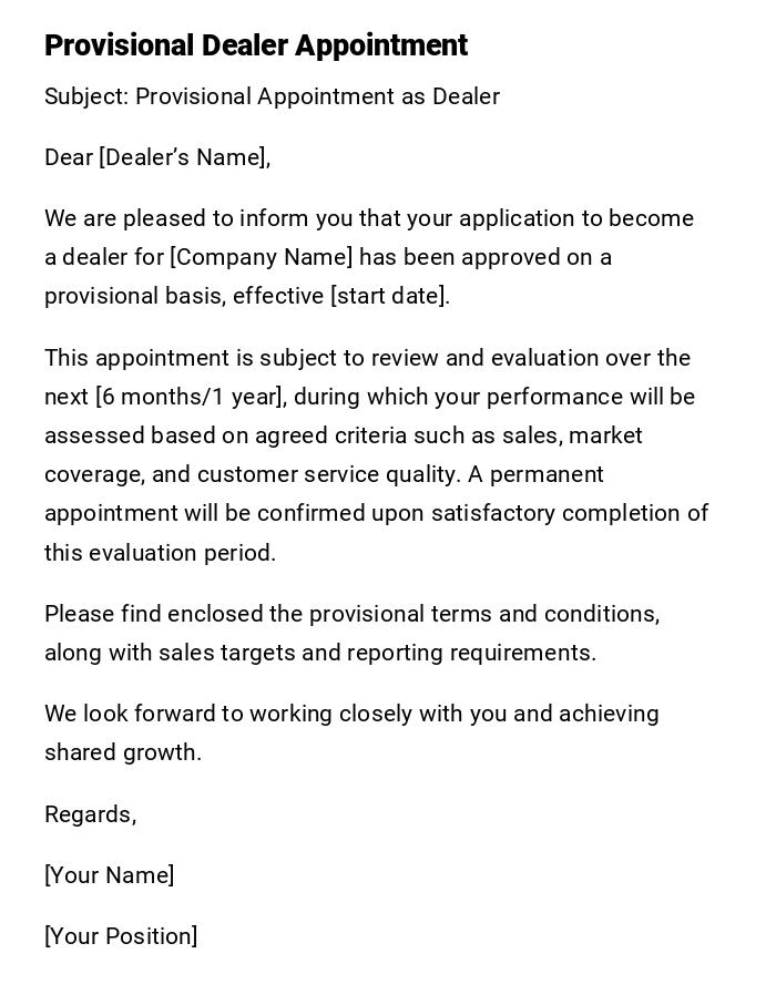 Provisional Dealer Appointment Provisional Dealer Appointment
