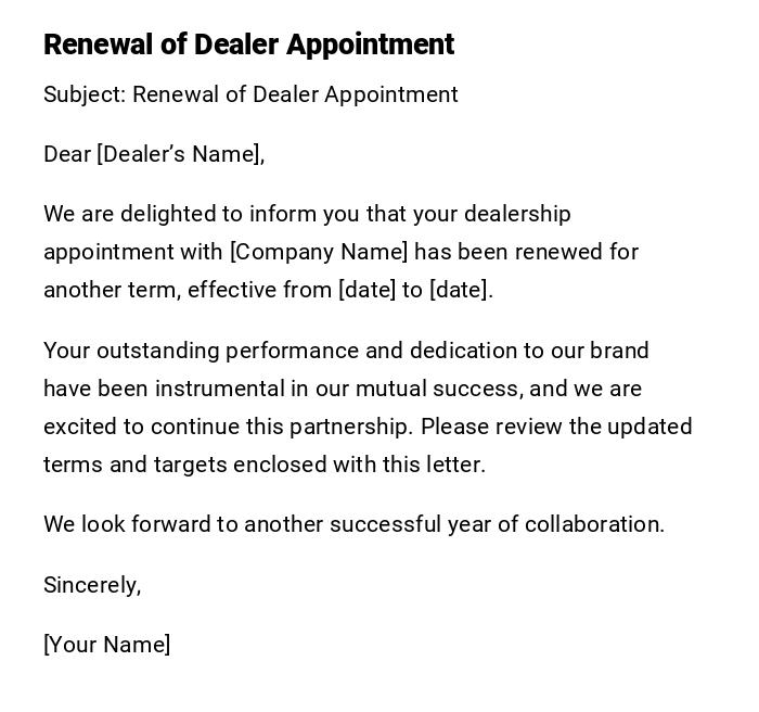 Renewal of Dealer Appointment Renewal of Dealer Appointment