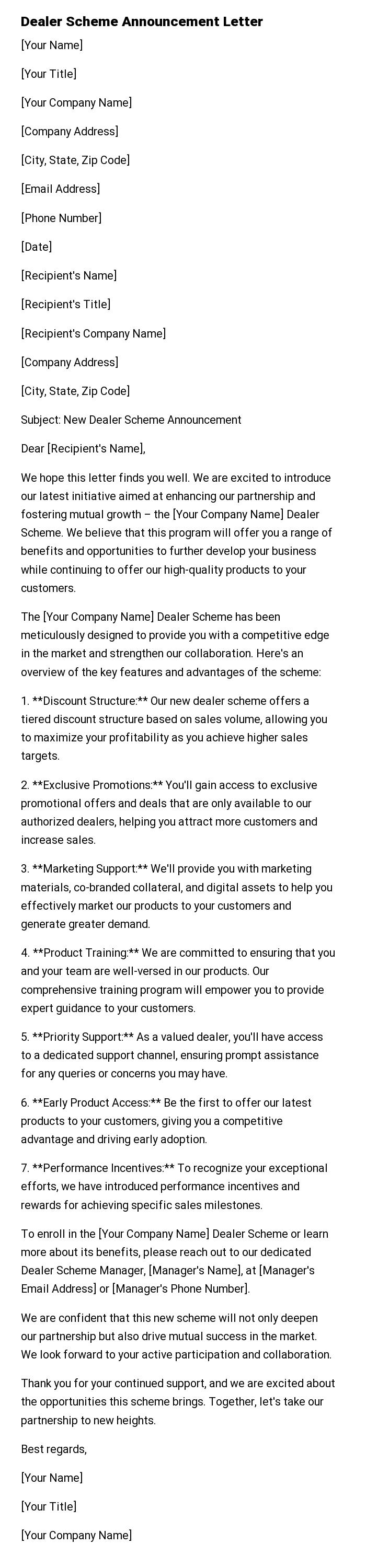 Dealer Scheme Announcement Letter