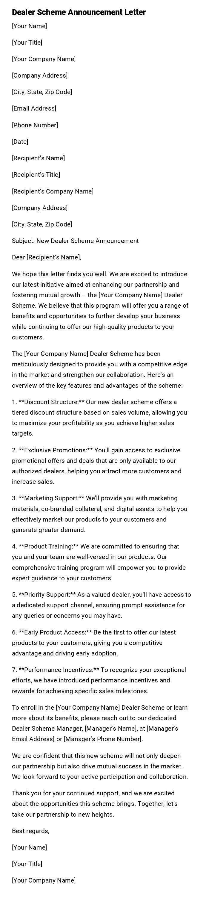 Dealer Scheme Announcement Letter