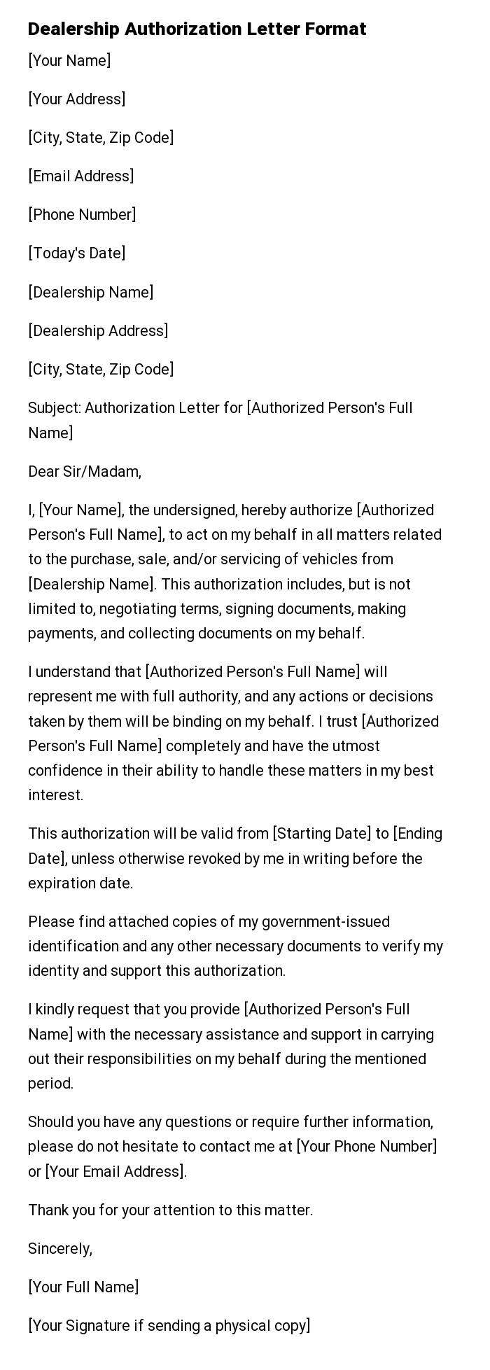 Dealership Authorization Letter Format