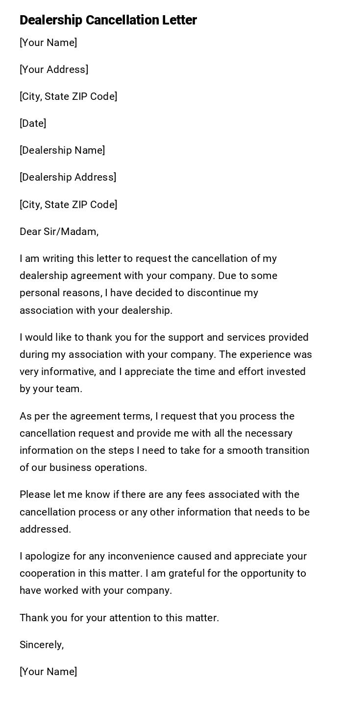 Dealership Cancellation Letter