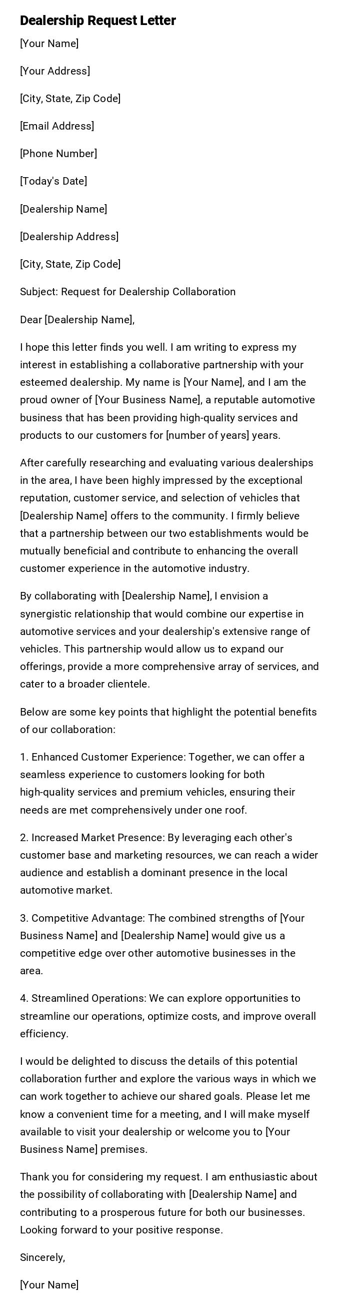 Dealership Request Letter