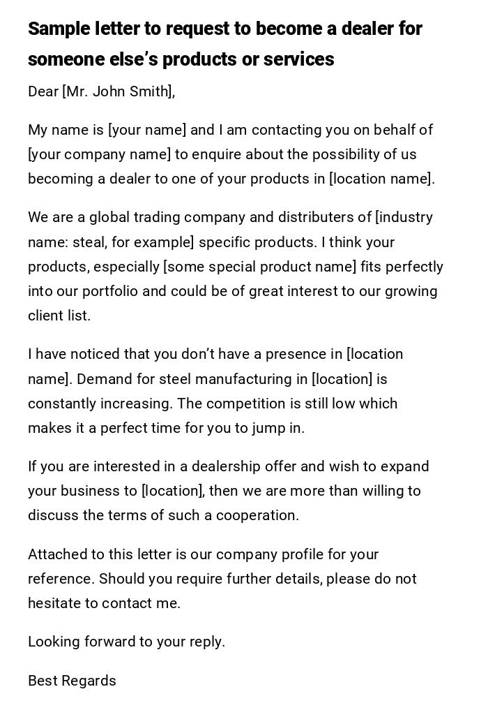 Sample letter to request to become a dealer for someone else’s products or services