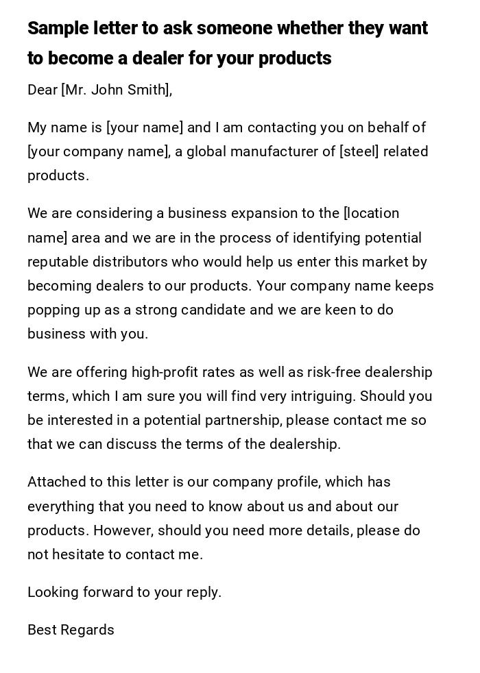 Sample letter to ask someone whether they want to become a dealer for your products