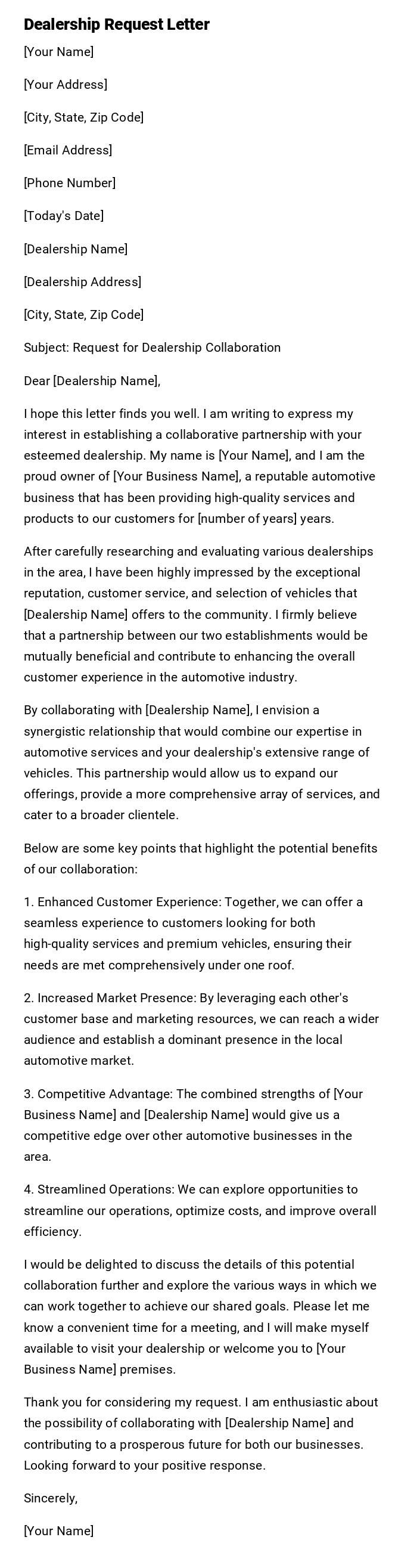 Dealership Request Letter