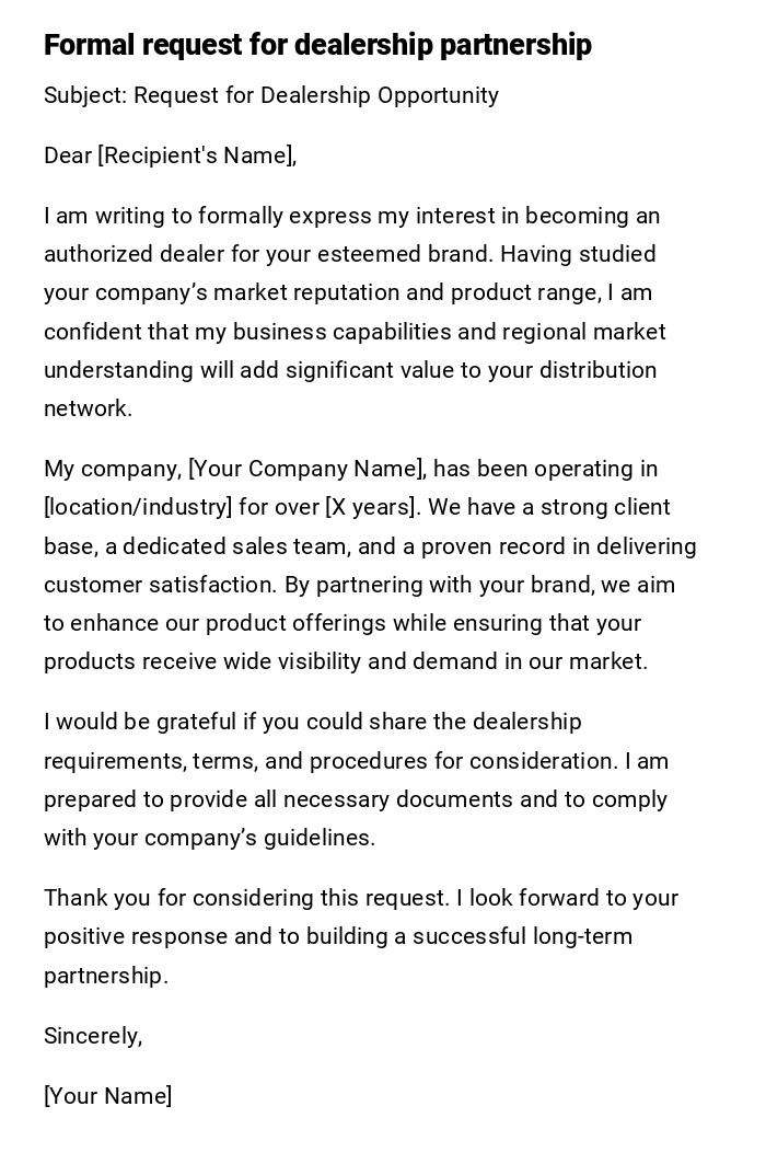 Formal request for dealership partnership