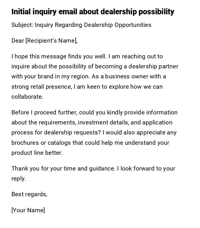 Initial inquiry email about dealership possibility