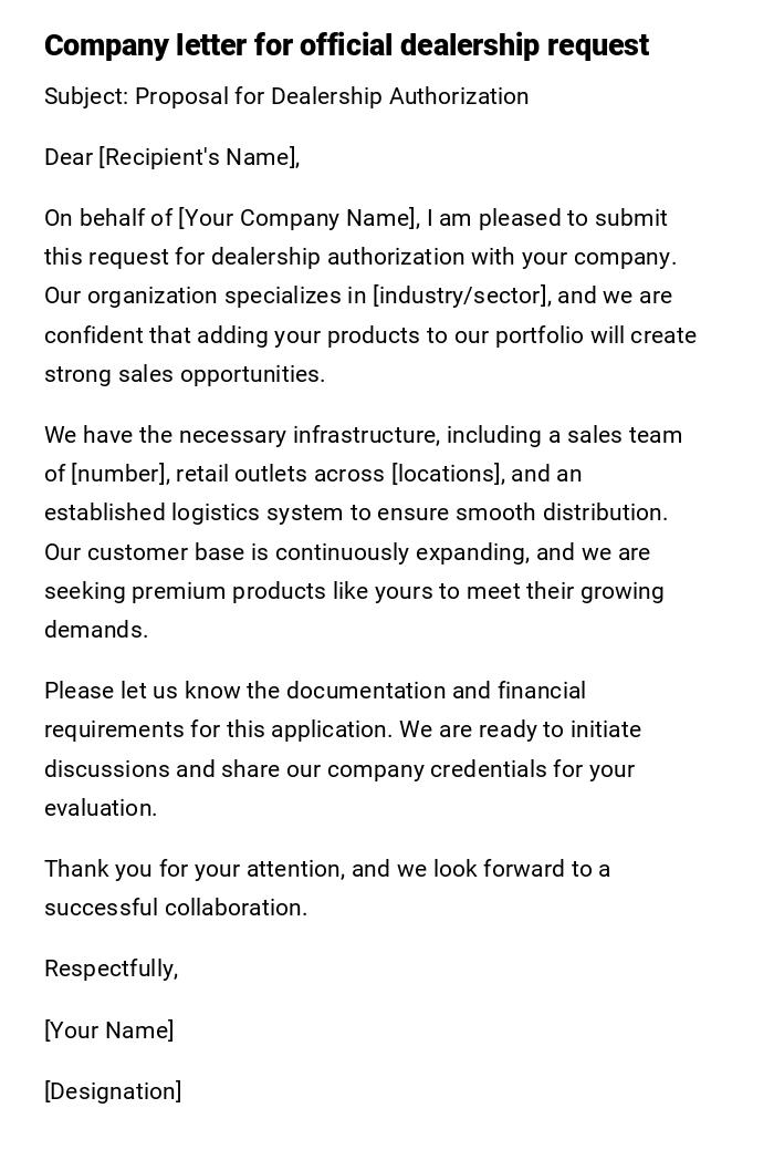 Company letter for official dealership request