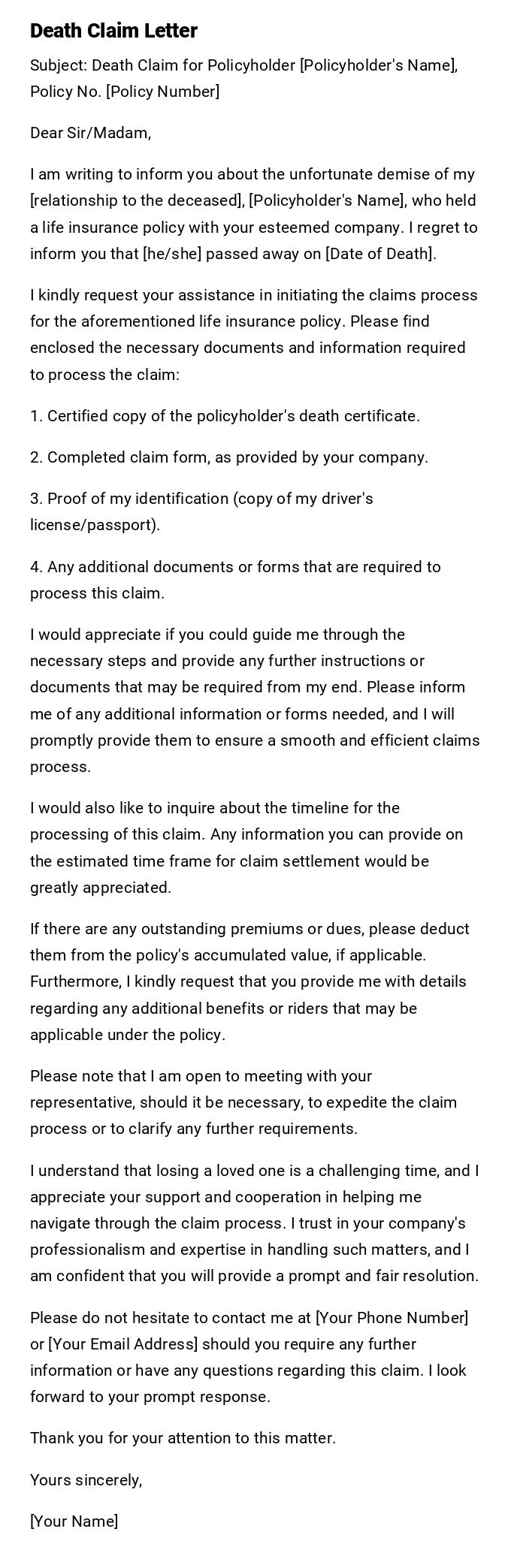 Death Claim Letter