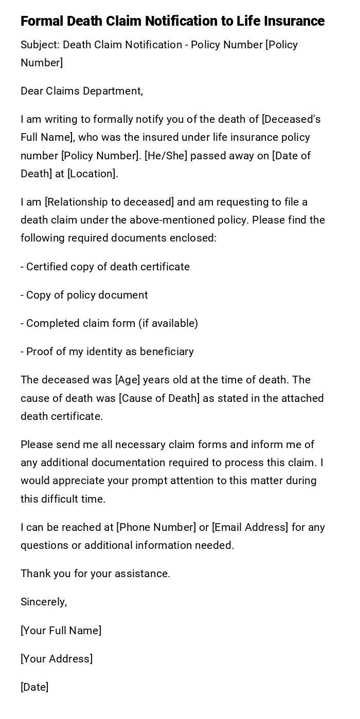 Formal Death Claim Notification to Life Insurance