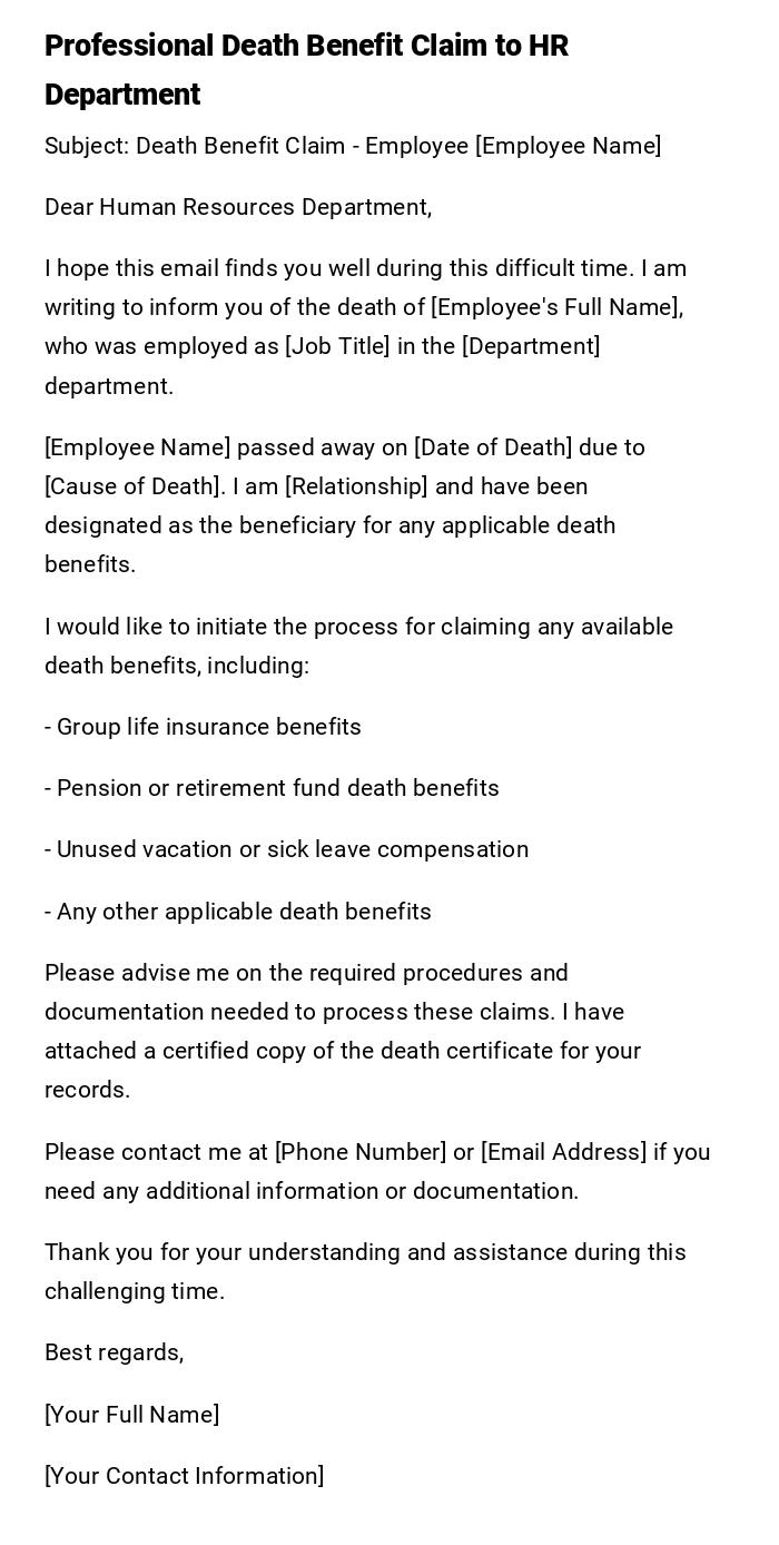 Professional Death Benefit Claim to HR Department