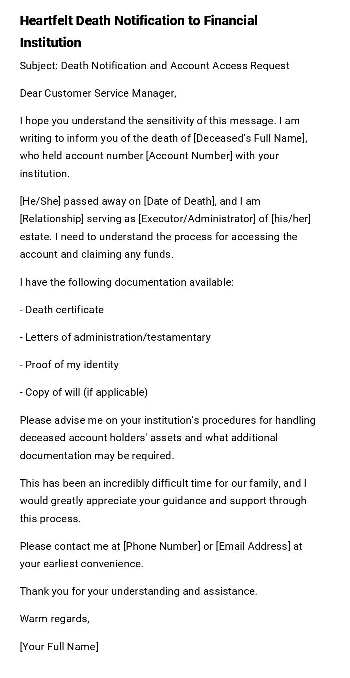 Heartfelt Death Notification to Financial Institution