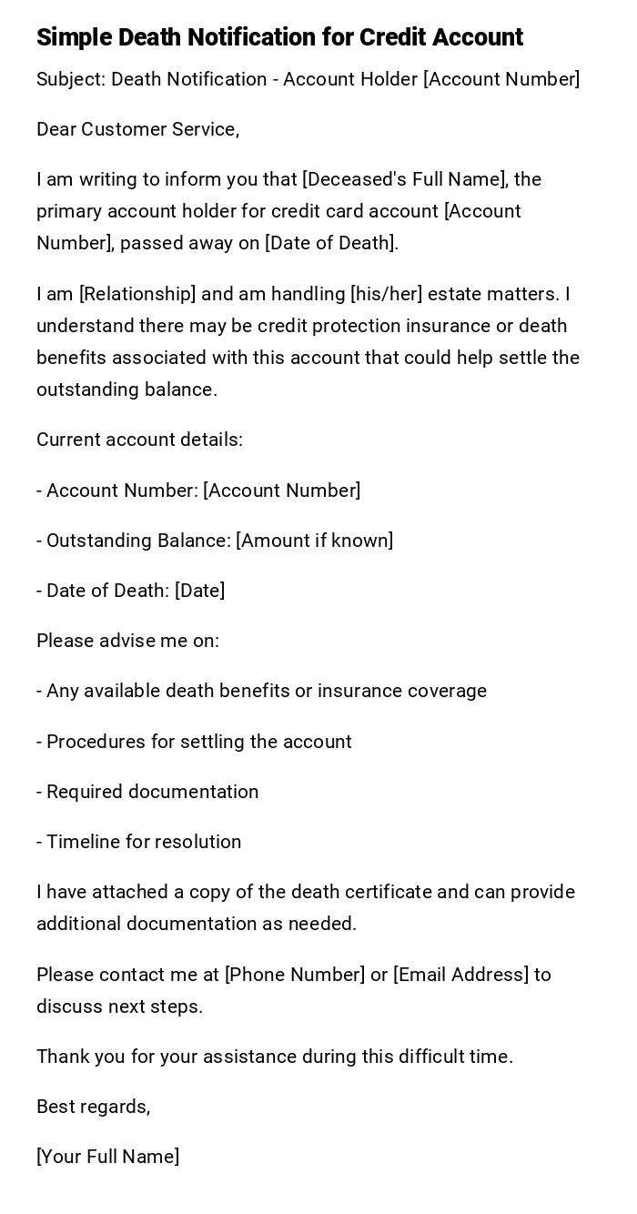 Simple Death Notification for Credit Account