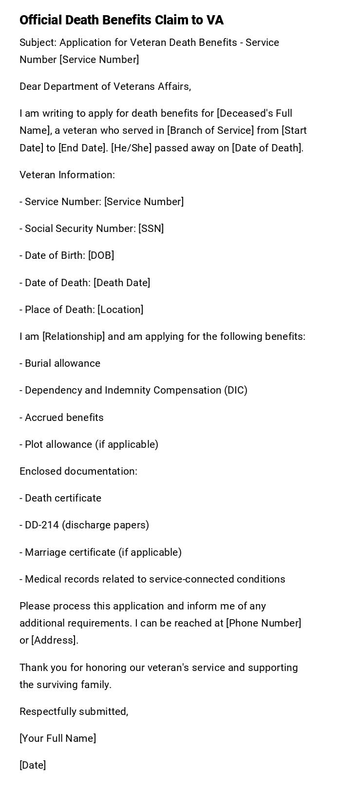 Official Death Benefits Claim to VA