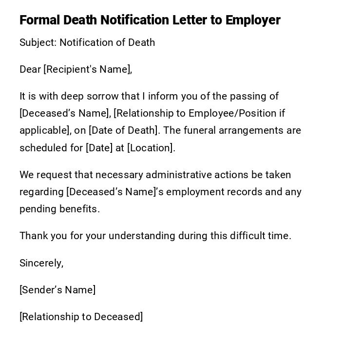 Formal Death Notification Letter to Employer Formal Death Notification Letter to Employer