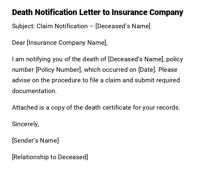 Death Notification Letter to Insurance Company Death Notification Letter to Insurance Company