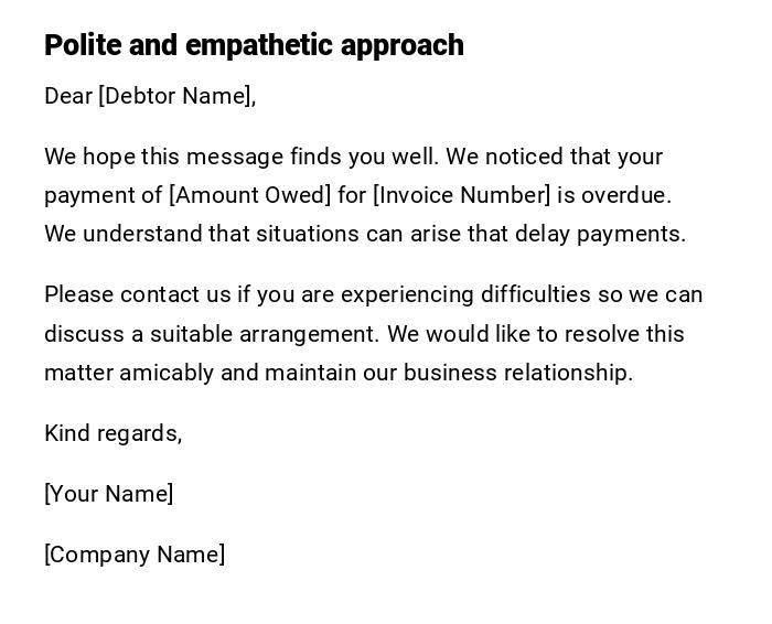 Polite and empathetic approach Polite and empathetic approach