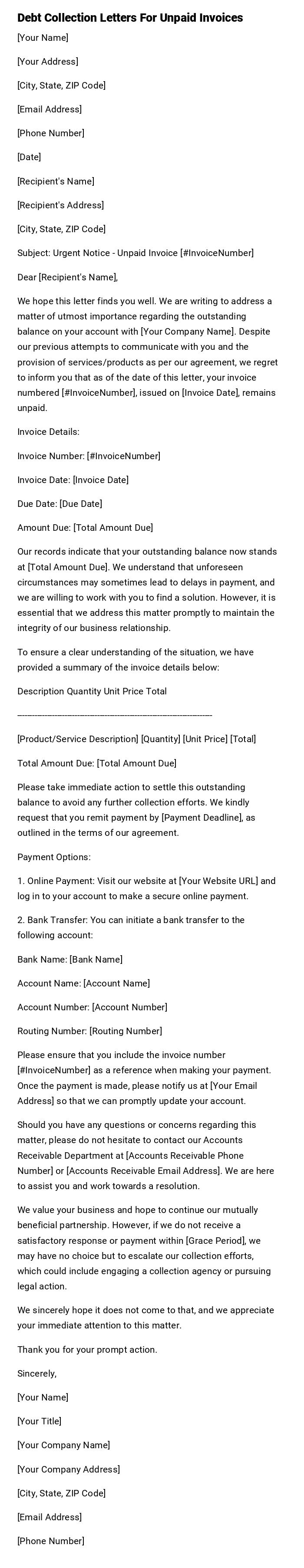 Debt Collection Letters For Unpaid Invoices