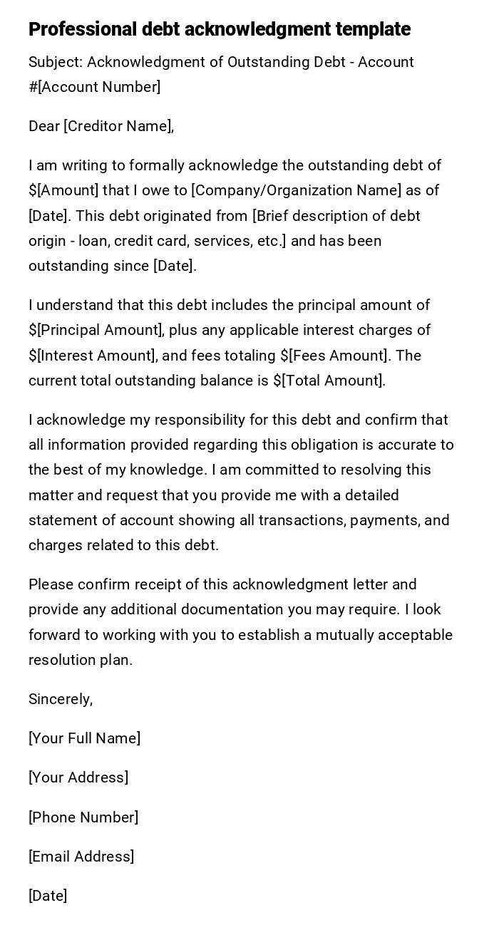 Professional debt acknowledgment template Professional debt acknowledgment template