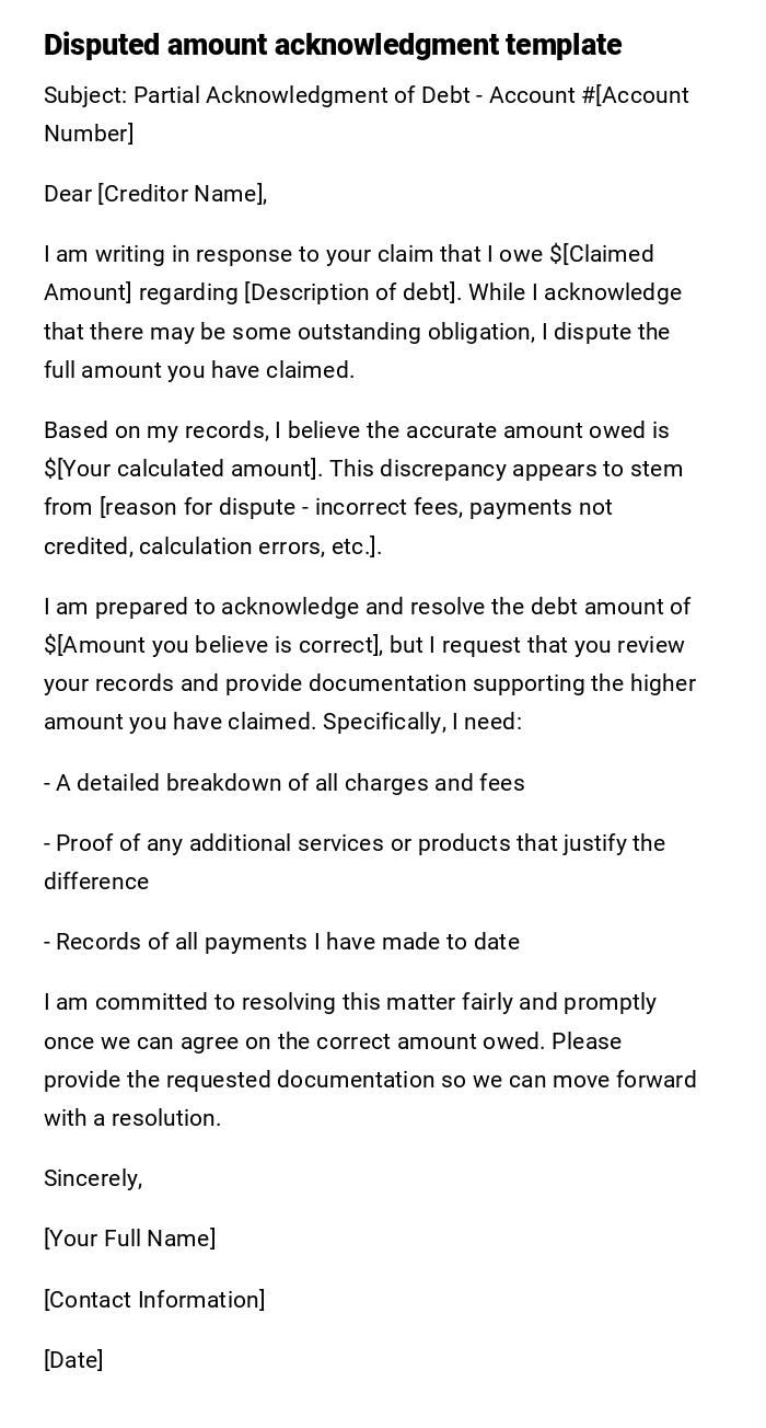 Disputed amount acknowledgment template Disputed amount acknowledgment template