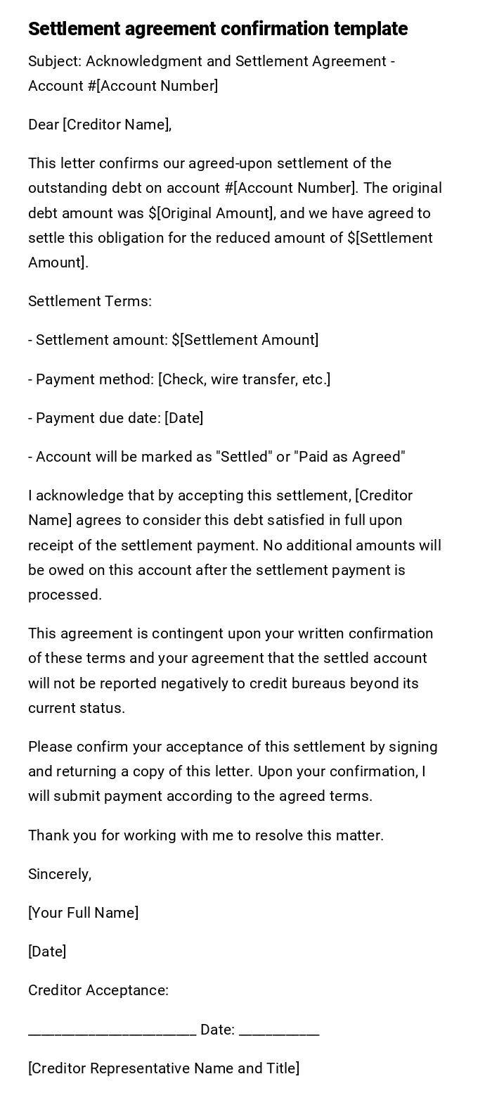 Settlement agreement confirmation template Settlement agreement confirmation template