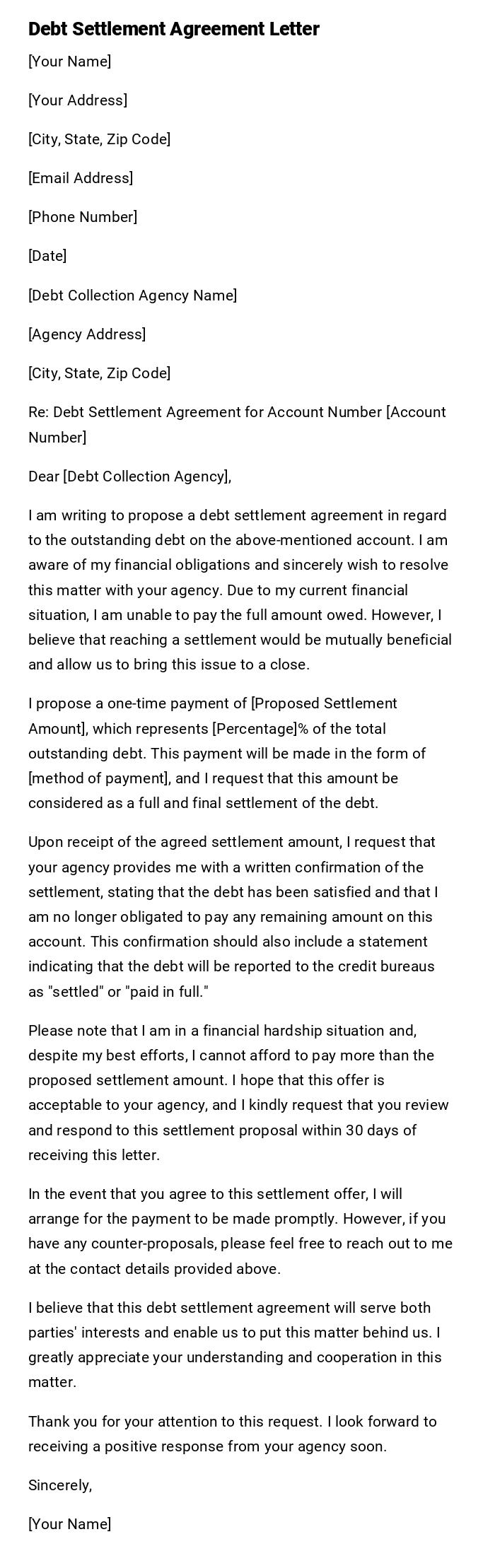 Debt Settlement Agreement Letter